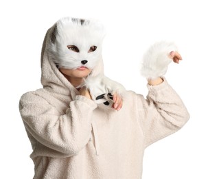 Photo of Quadrobics. Woman wearing cat mask and gloves on white background