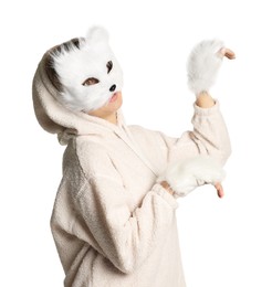 Photo of Quadrobics. Woman wearing cat mask and gloves on white background