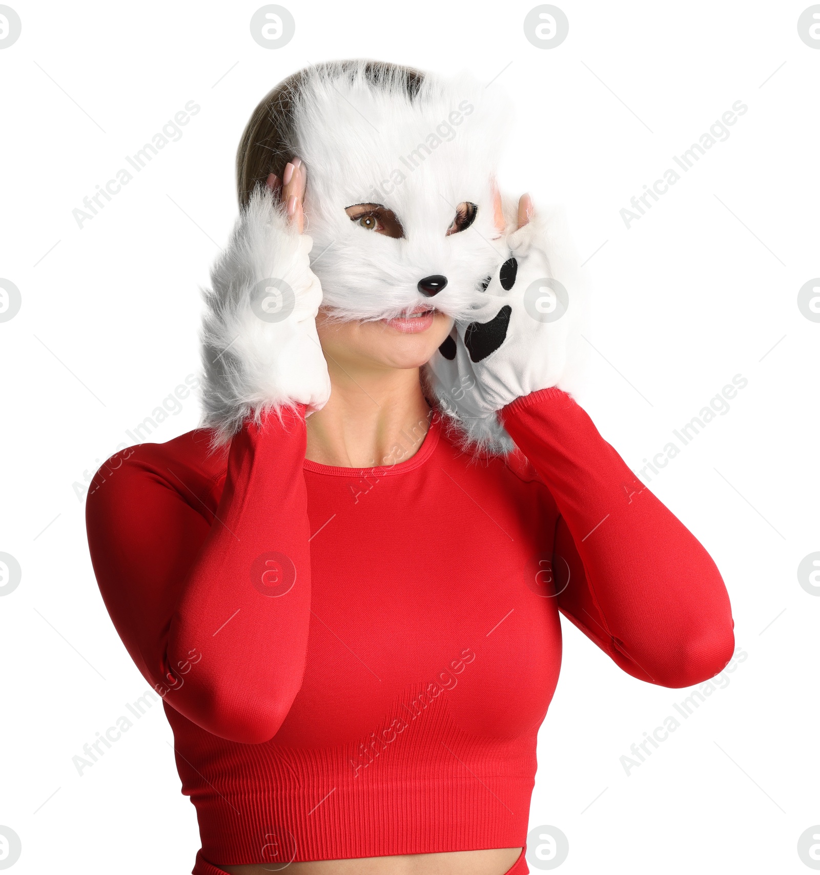 Photo of Quadrobics. Woman wearing cat mask and gloves on white background