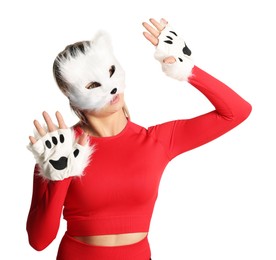 Quadrobics. Woman wearing cat mask and gloves on white background