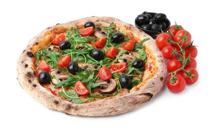 Photo of Tasty pizza with cherry tomatoes, black olives, mushrooms and arugula isolated on white