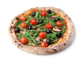 Photo of Tasty pizza with cherry tomatoes, black olives, mushrooms and arugula isolated on white