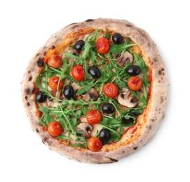 Photo of Tasty pizza with cherry tomatoes, black olives, mushrooms and arugula isolated on white, top view