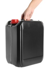 Photo of Woman with black plastic canister on white background, closeup