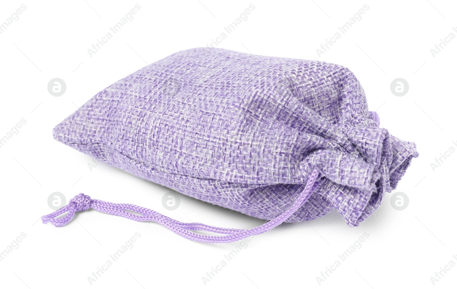 Photo of One violet burlap sack isolated on white