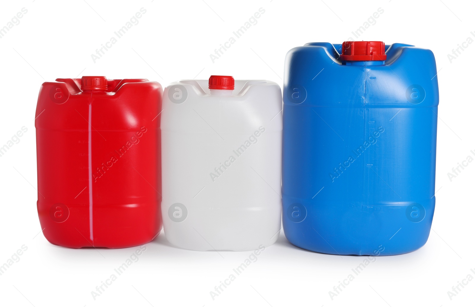 Photo of Three colorful plastic canisters isolated on white