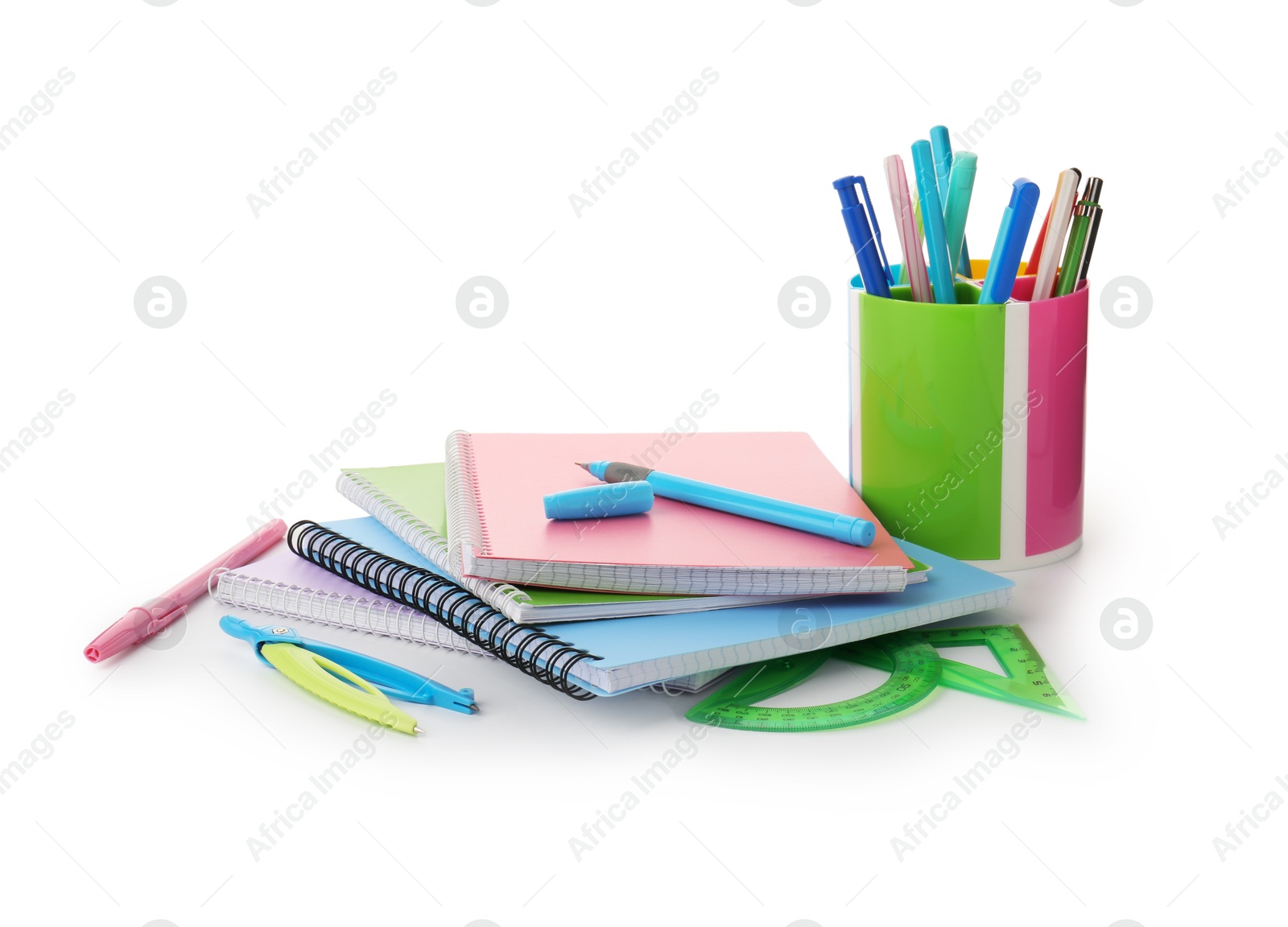 Photo of Doing homework. Notebooks and other different stationery on white background