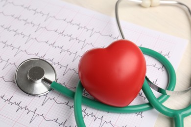 Photo of Cardiology. Stethoscope, cardiogram and red decorative heart on light table, closeup