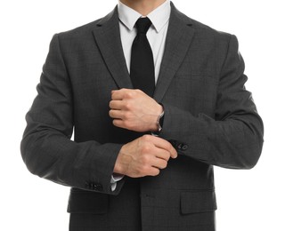 Photo of Man in classic suit on white background, closeup