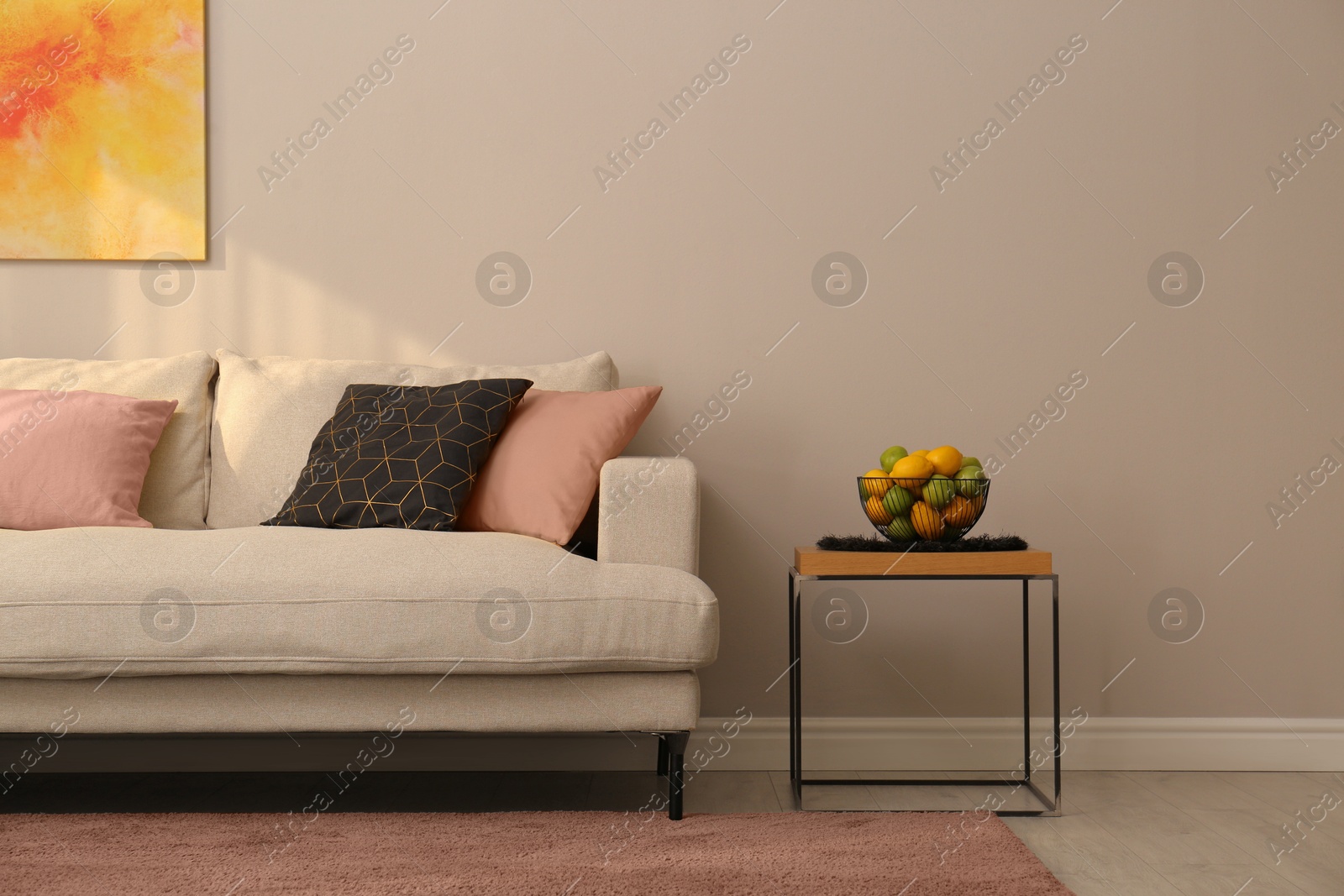 Image of Cozy living room interior in mocha mousse shade. Trendy color of 2025 year