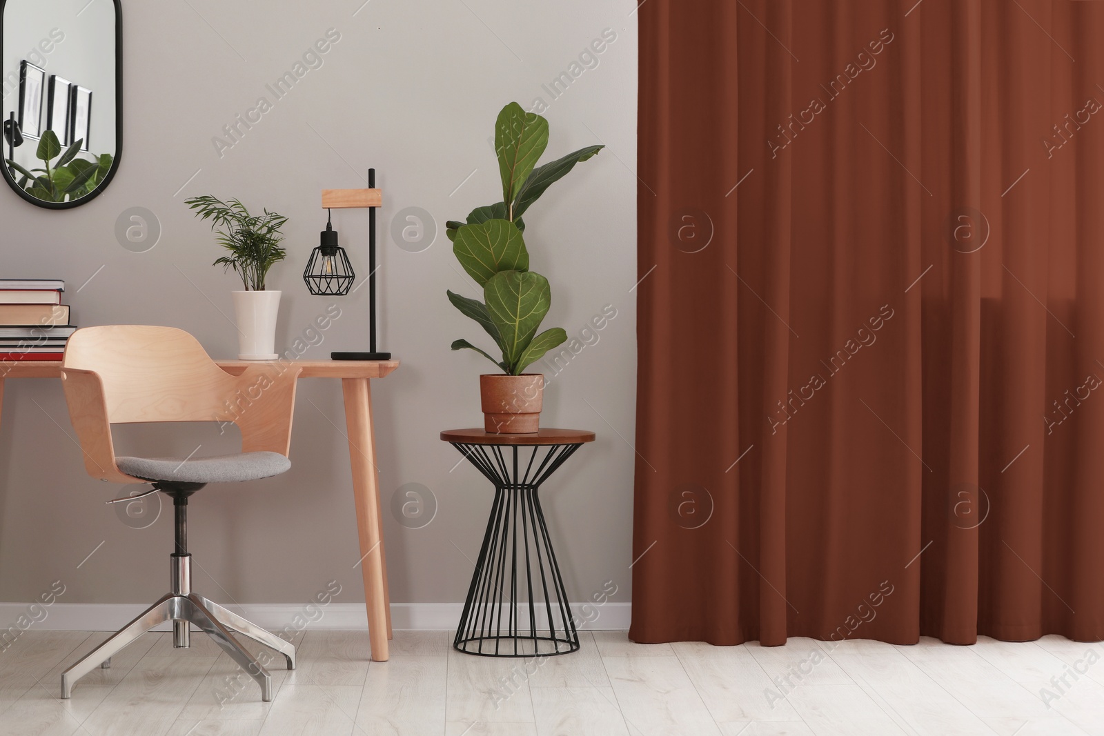 Image of Cozy room interior with curtain in mocha mousse shade. Trendy color of 2025 year