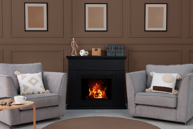 Image of Cozy living room interior in mocha mousse shade. Trendy color of 2025 year