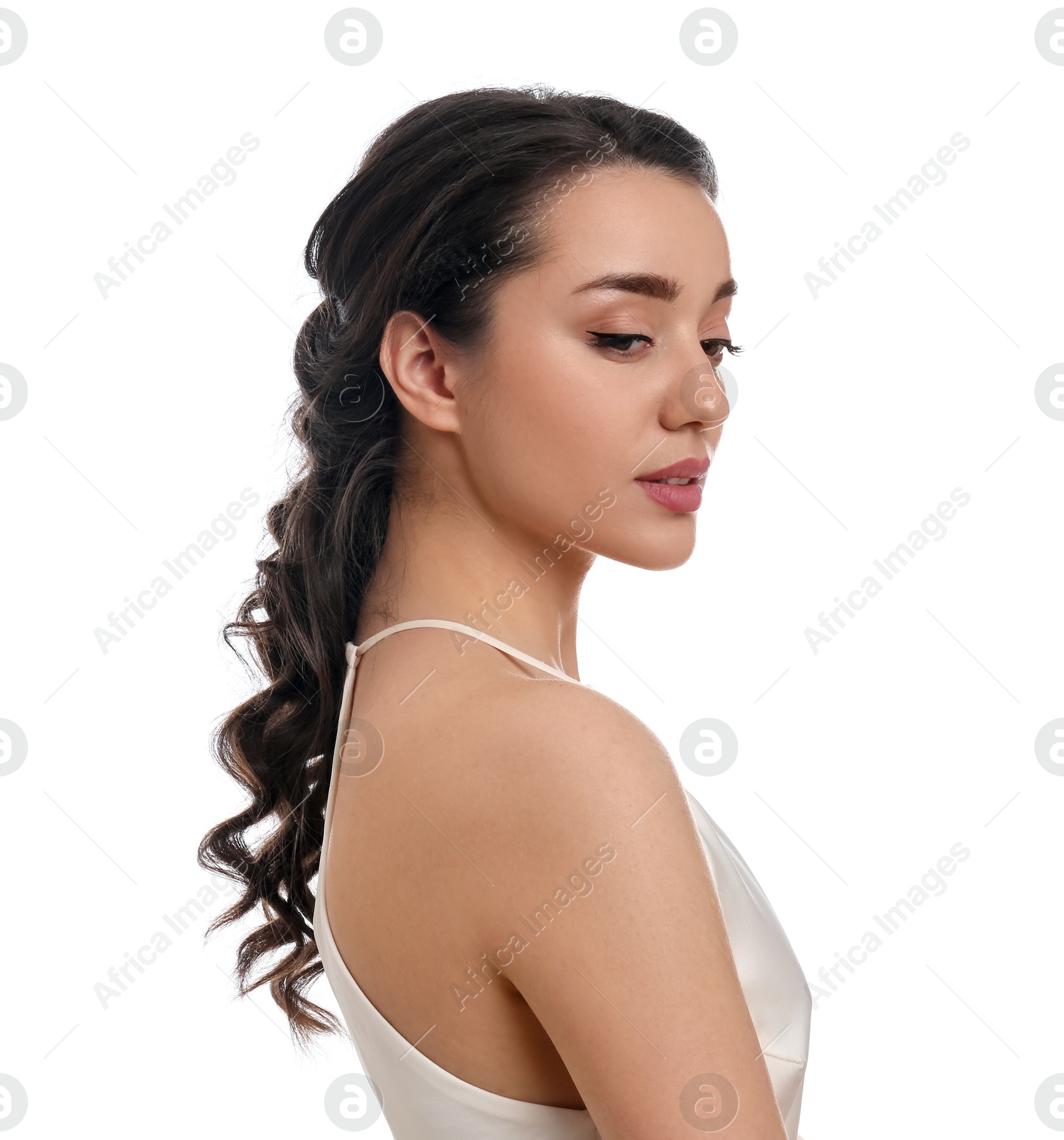 Photo of Young woman with beautiful hairstyle on white background