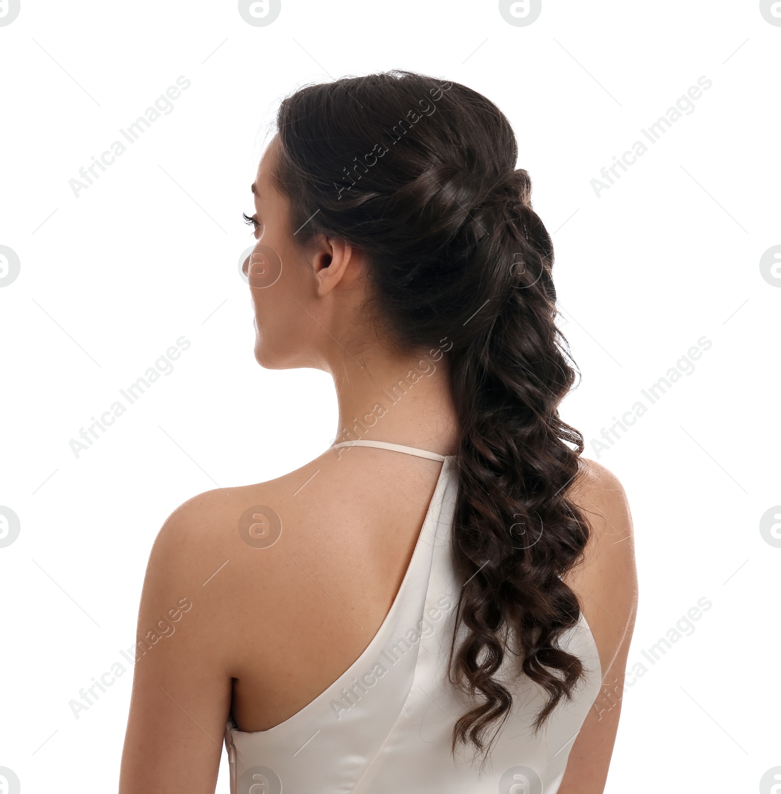 Photo of Young woman with beautiful hairstyle on white background