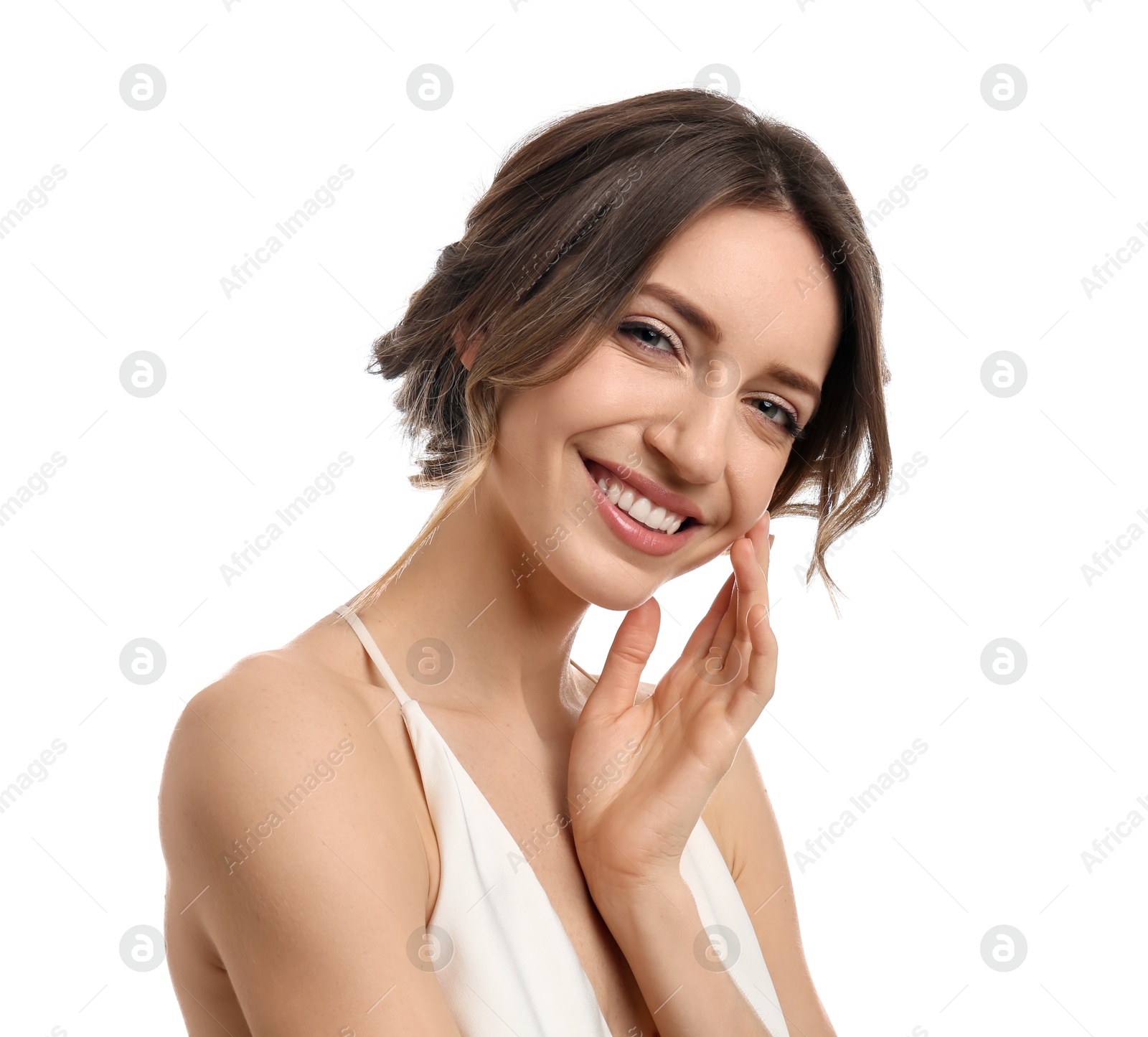 Photo of Young woman with beautiful hairstyle on white background