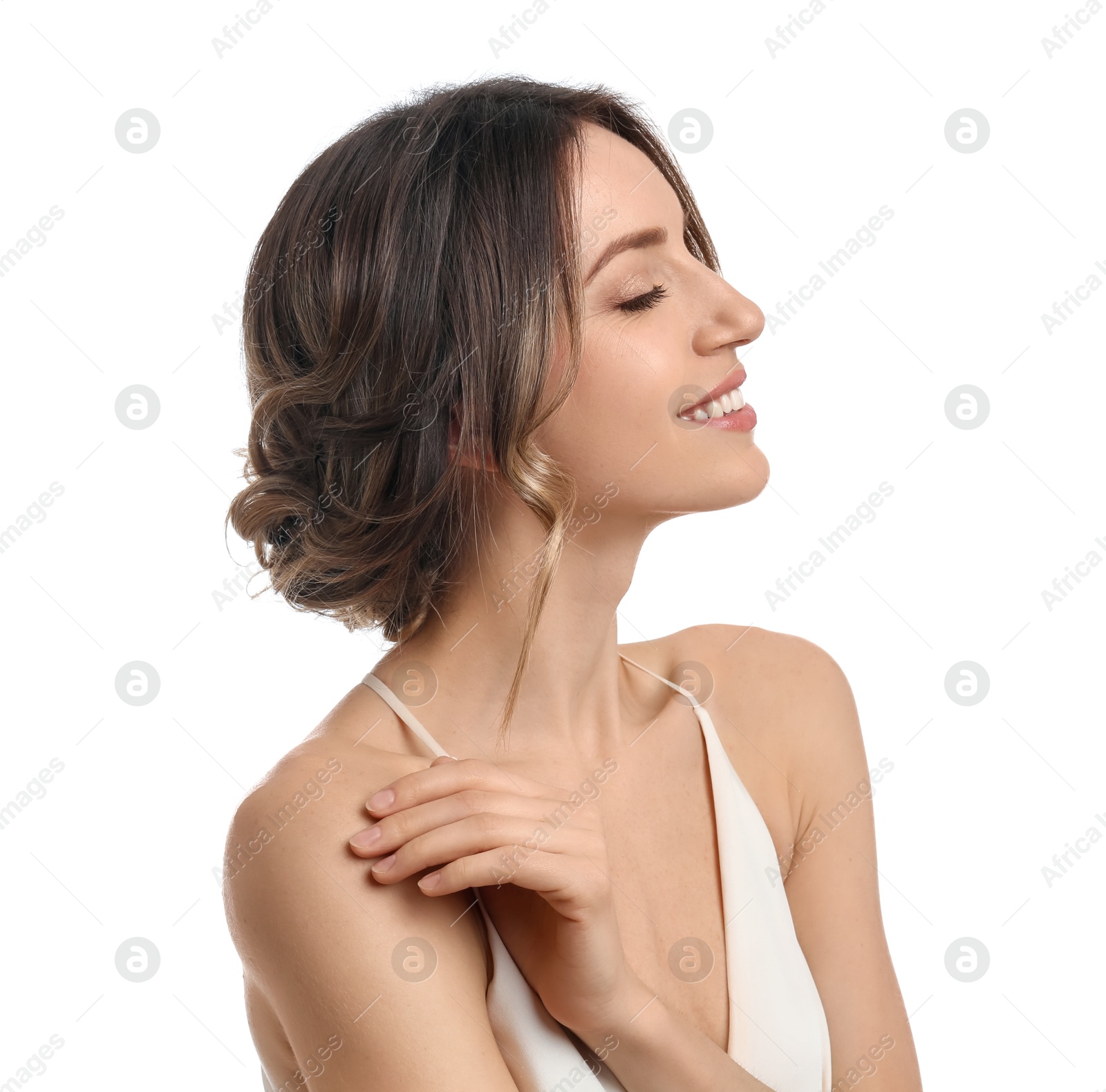 Photo of Young woman with beautiful hairstyle on white background