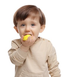 Photo of Cute little child eating tasty mochi on white background