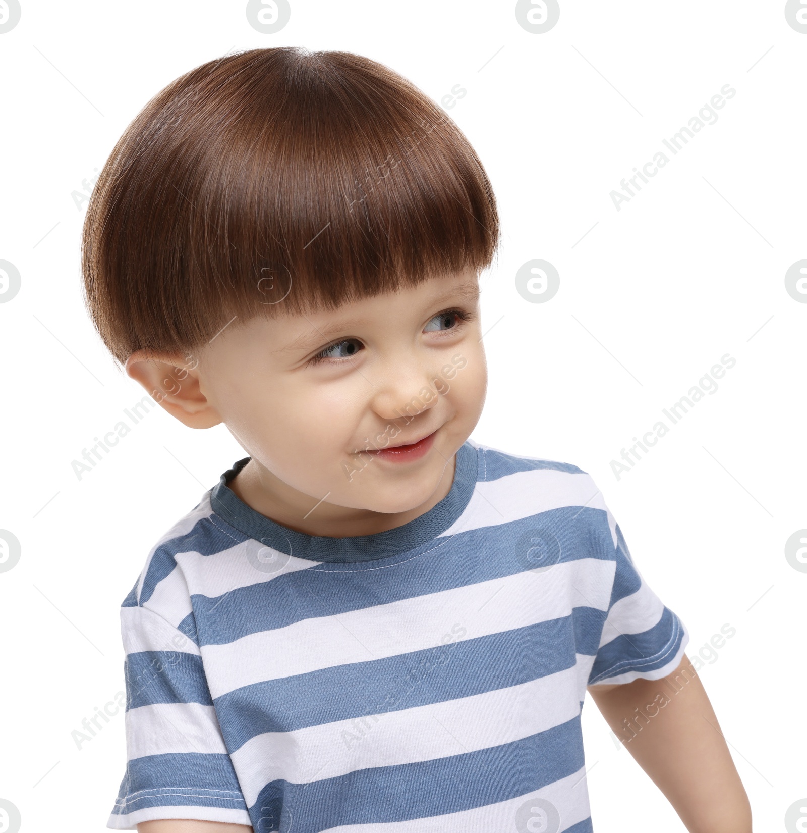 Photo of Portrait of adorable little boy on white background