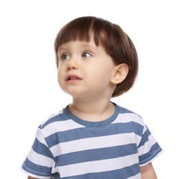 Photo of Portrait of adorable little boy on white background