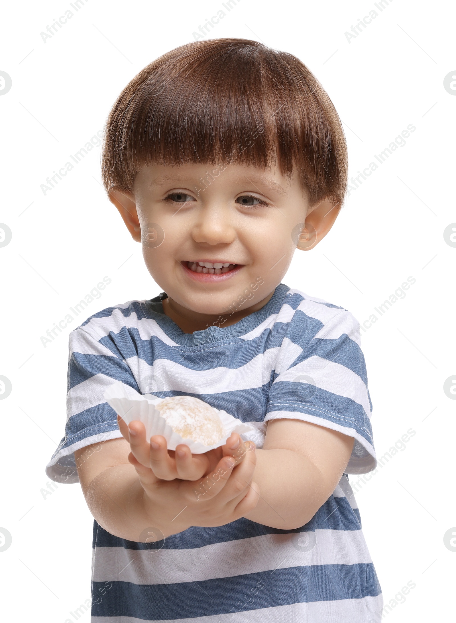 Photo of Cute little child with tasty mochi on white background