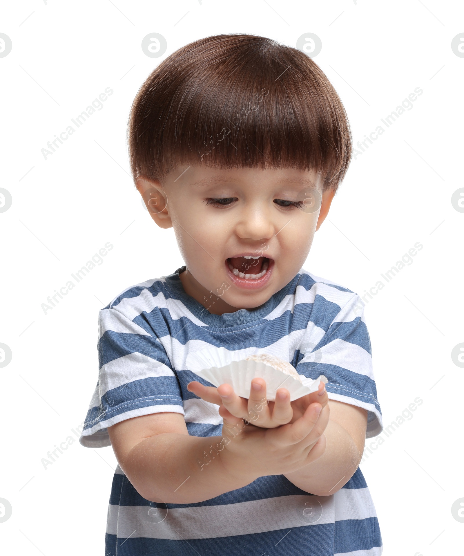 Photo of Cute little child with tasty mochi on white background