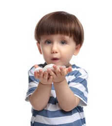 Photo of Cute little child with tasty mochi on white background