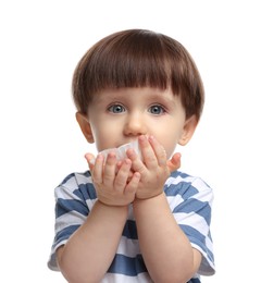 Photo of Cute little child eating tasty mochi on white background