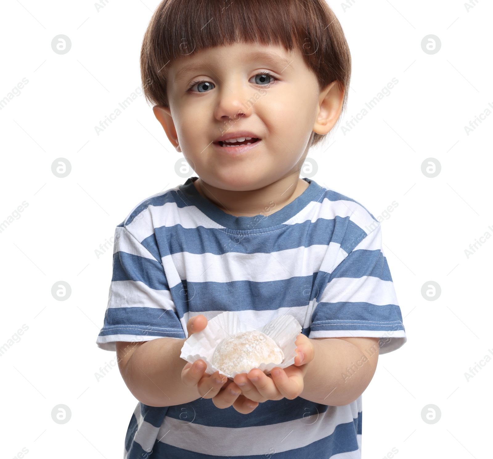 Photo of Cute little child with tasty mochi on white background