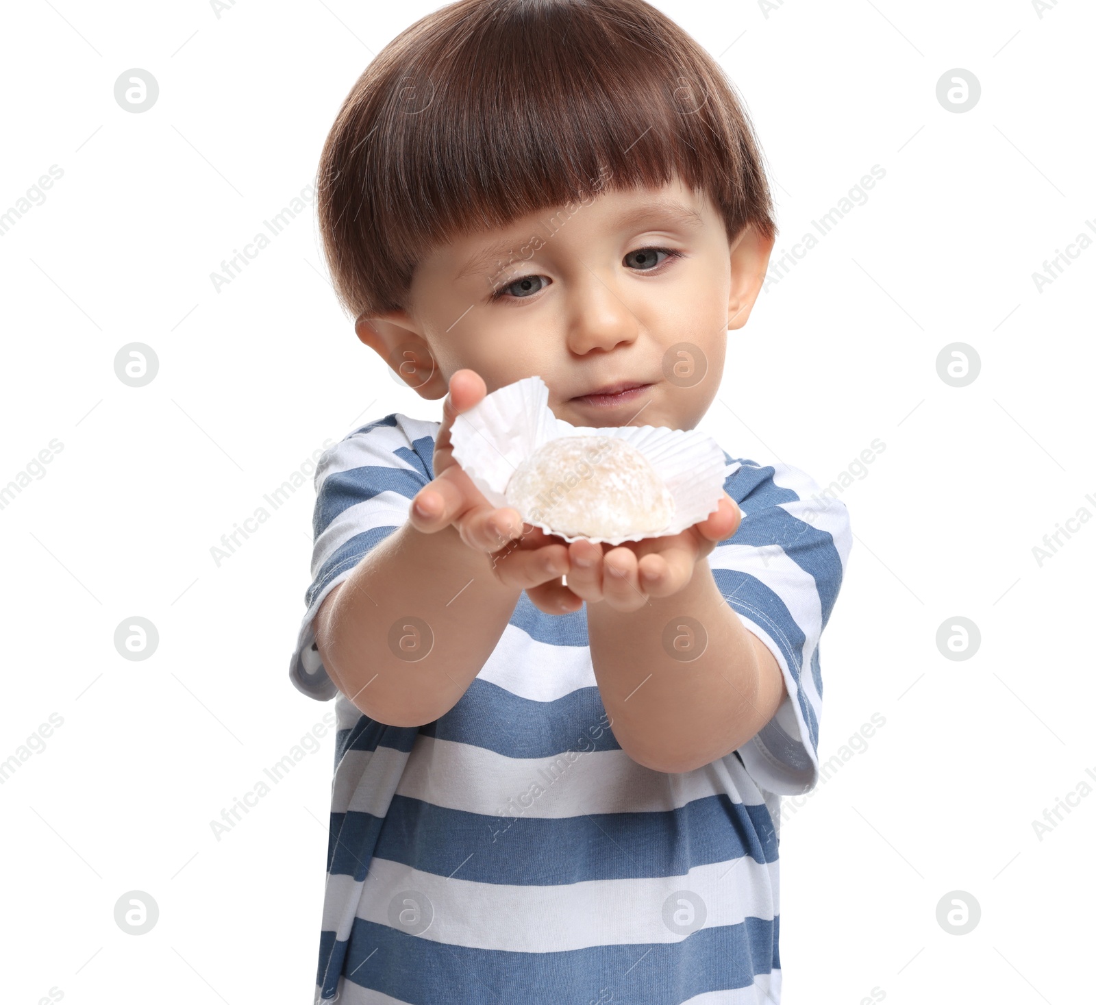 Photo of Cute little child with tasty mochi on white background