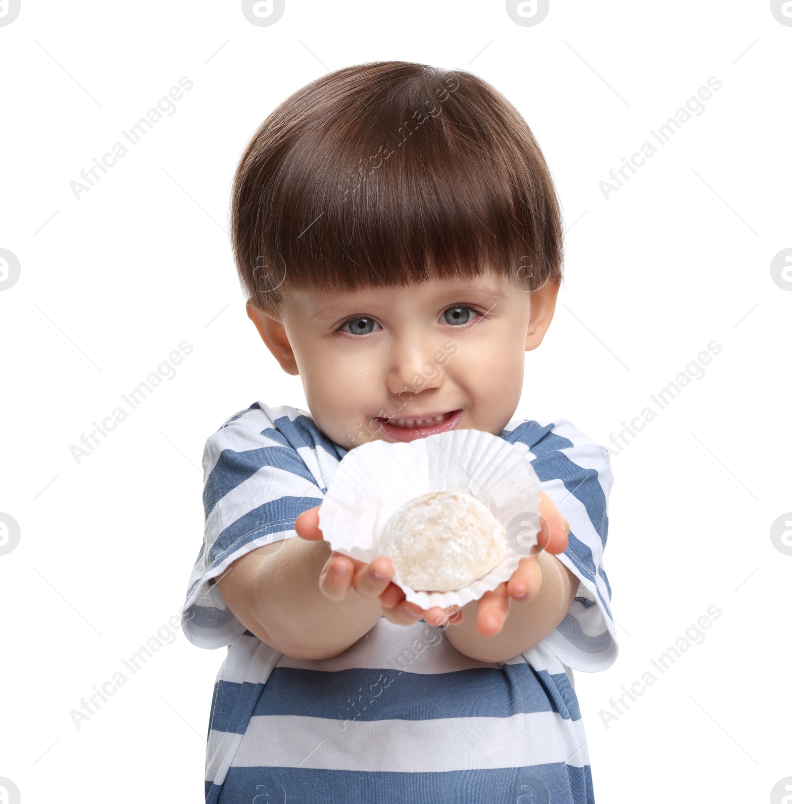 Photo of Cute little child with tasty mochi on white background