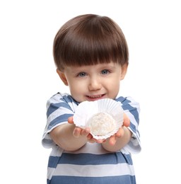 Photo of Cute little child with tasty mochi on white background