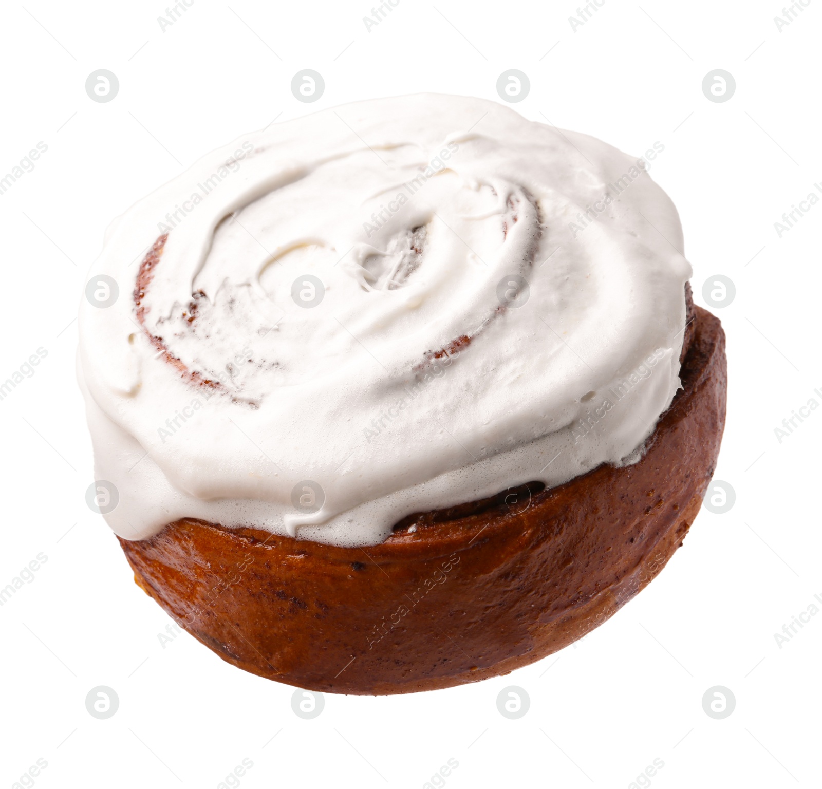 Photo of Tasty cinnamon roll with cream isolated on white