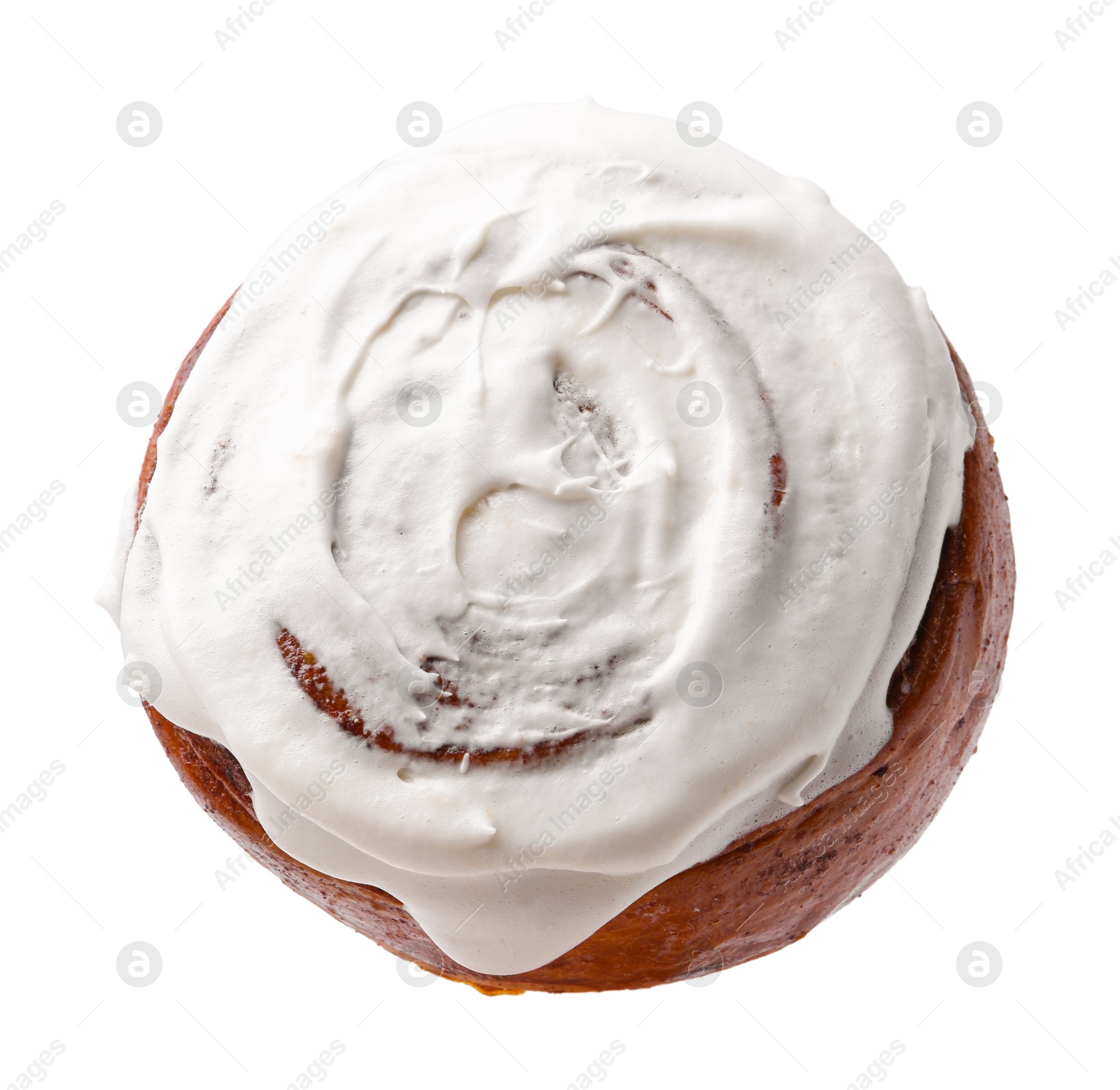 Photo of Tasty cinnamon roll with cream isolated on white