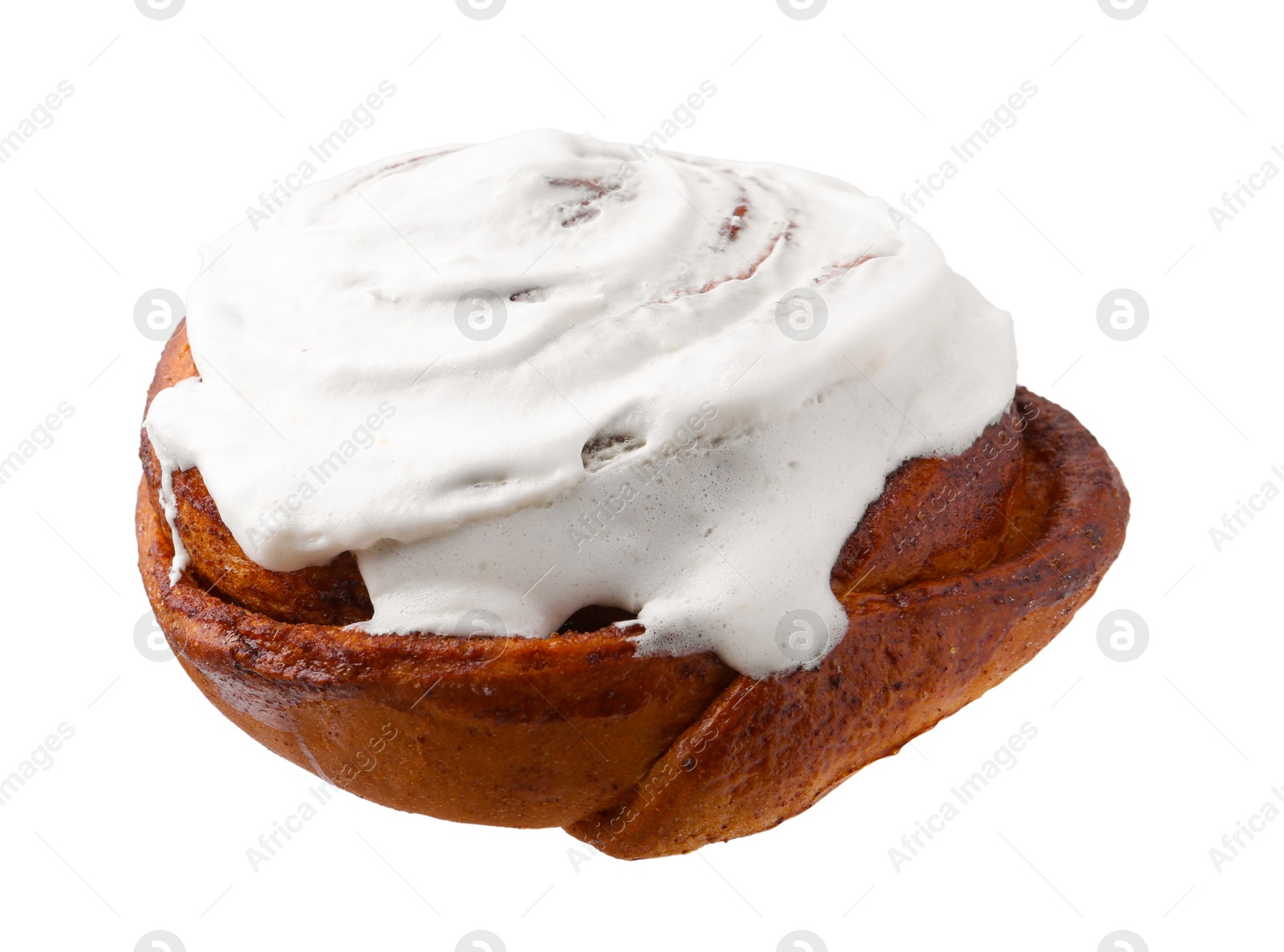 Photo of Tasty cinnamon roll with cream isolated on white