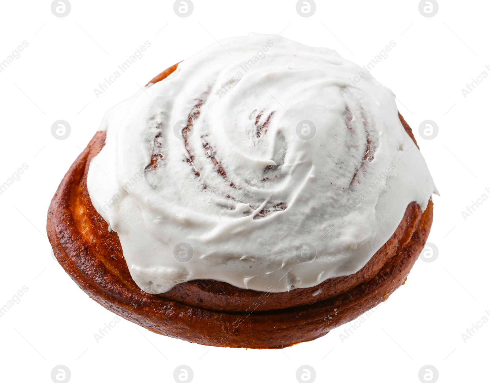 Photo of Tasty cinnamon roll with cream isolated on white