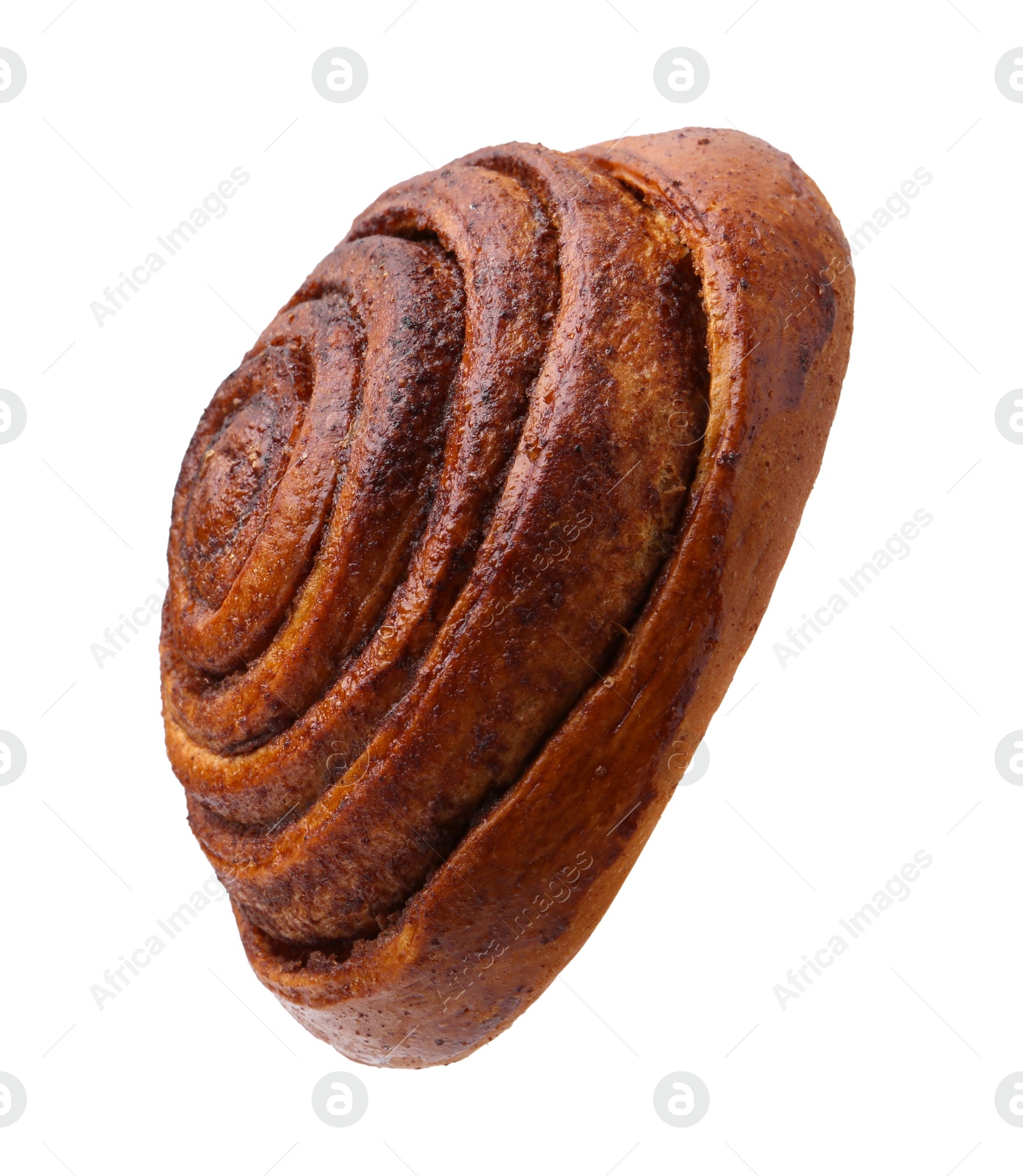 Photo of Tasty cinnamon roll bun isolated on white