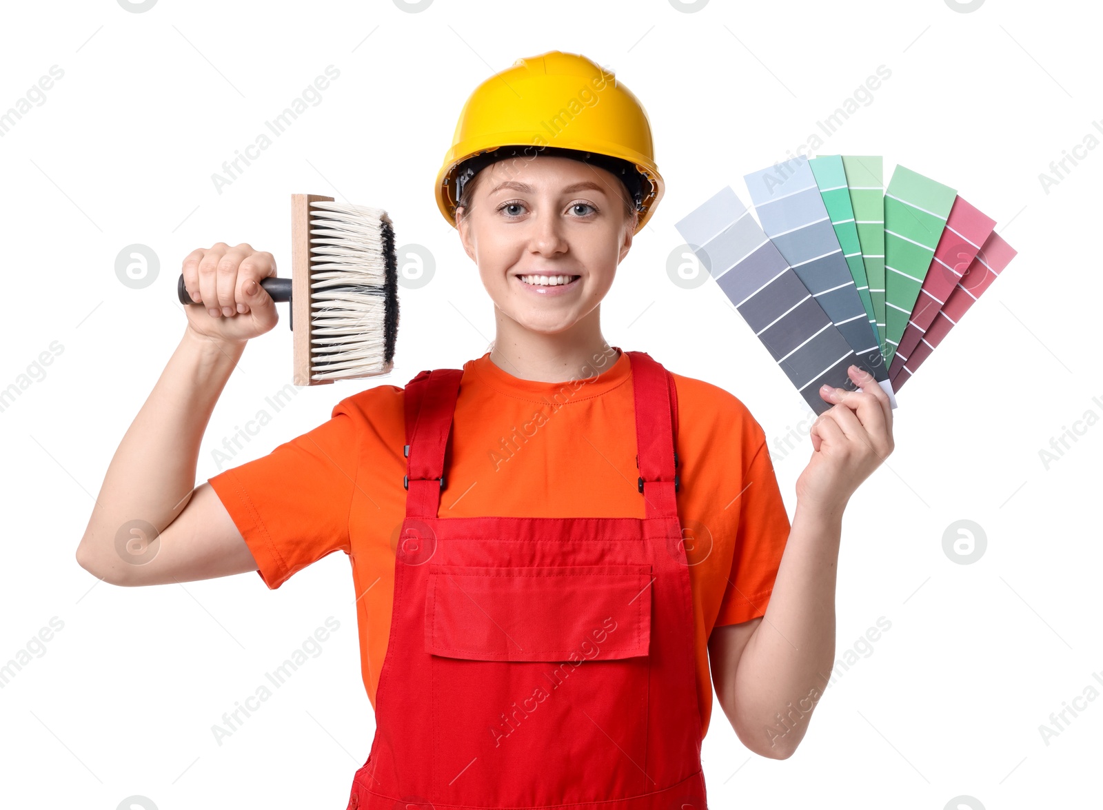 Photo of Professional painter with color selection chart and brush on white background