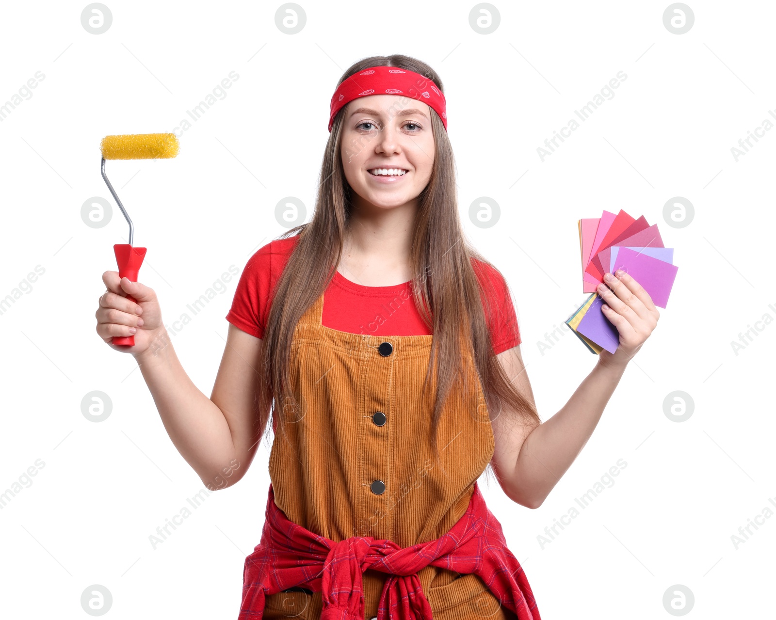 Photo of Woman with paint roller and color samples on white background