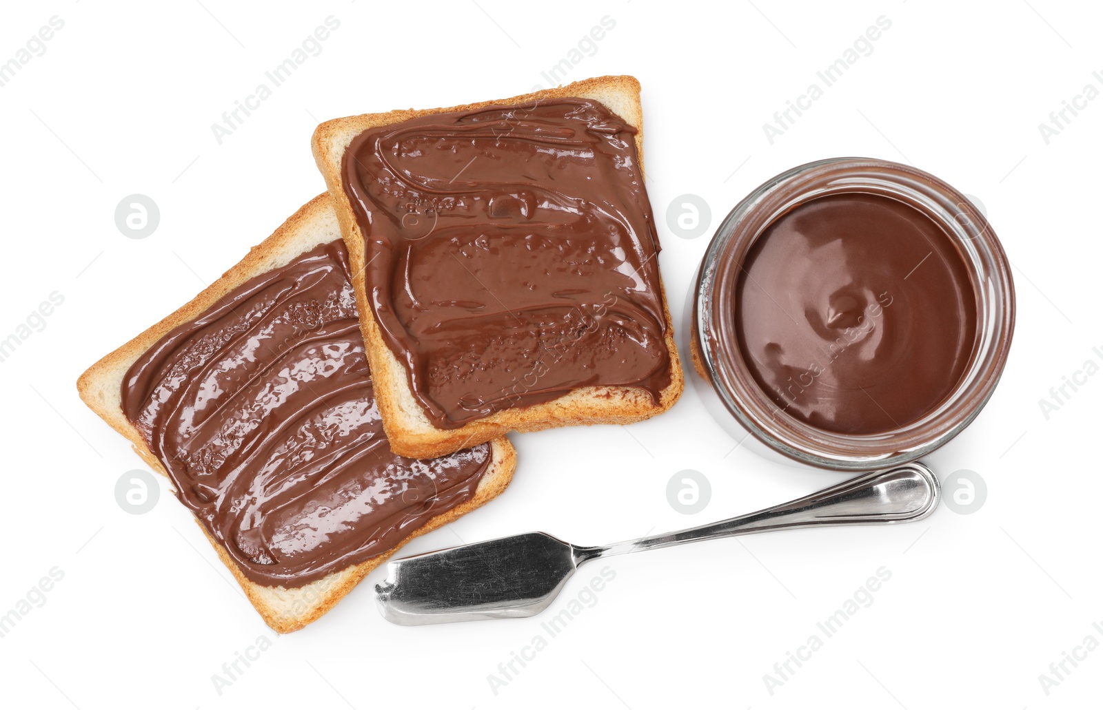 Photo of Tasty sandwiches with chocolate butter and knife isolated on white, top view