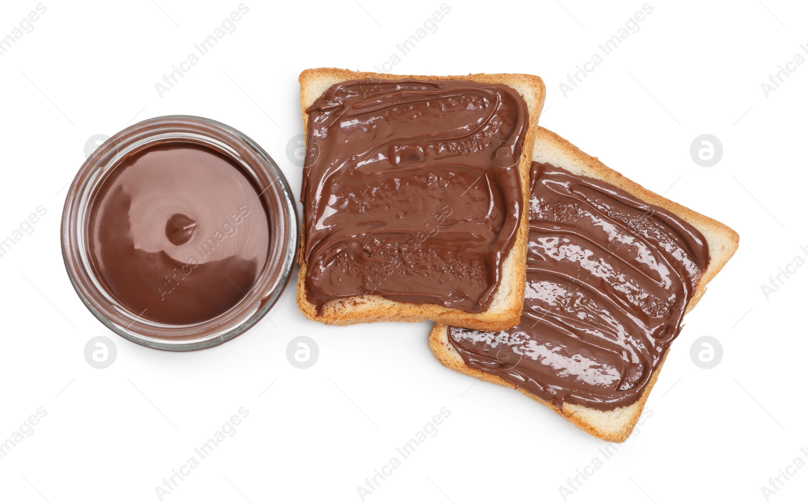 Photo of Tasty sandwiches with chocolate butter isolated on white, top view