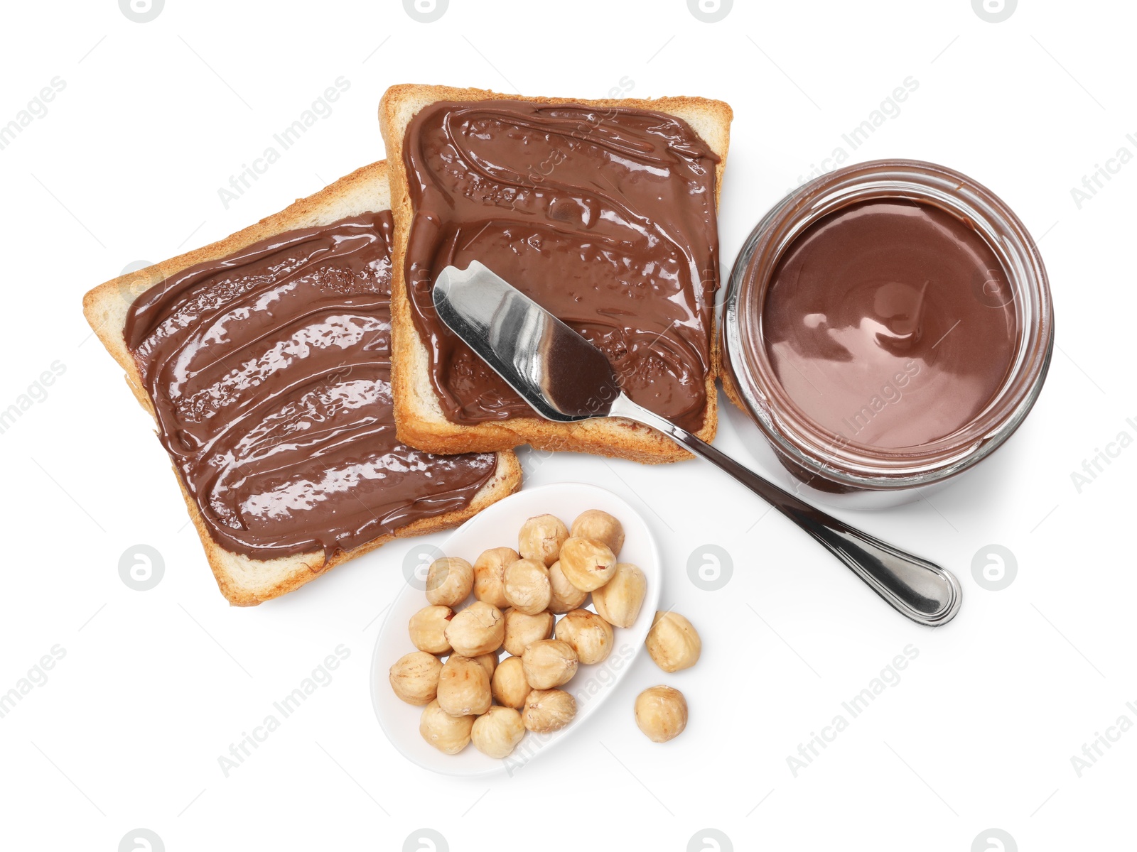 Photo of Tasty sandwiches with chocolate butter and hazelnuts isolated on white, top view