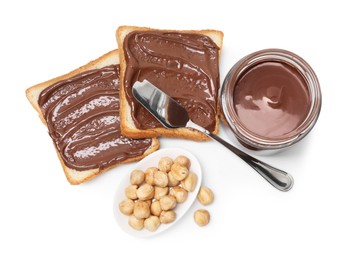 Photo of Tasty sandwiches with chocolate butter and hazelnuts isolated on white, top view