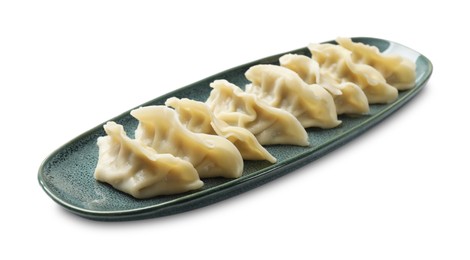 Photo of Fresh gyoza dumplings isolated on white. Chinese cuisine