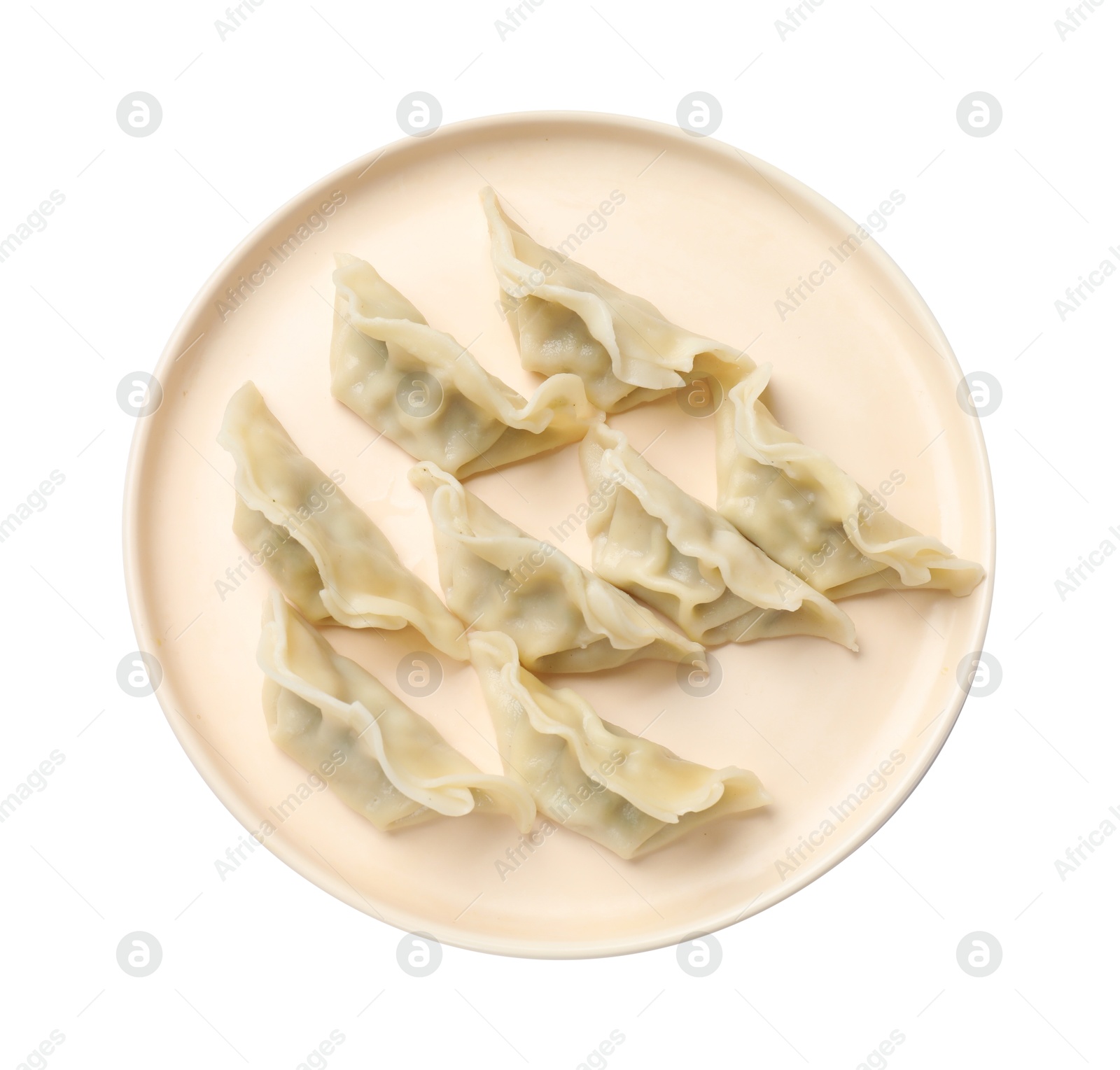 Photo of Fresh gyoza dumplings isolated on white, top view