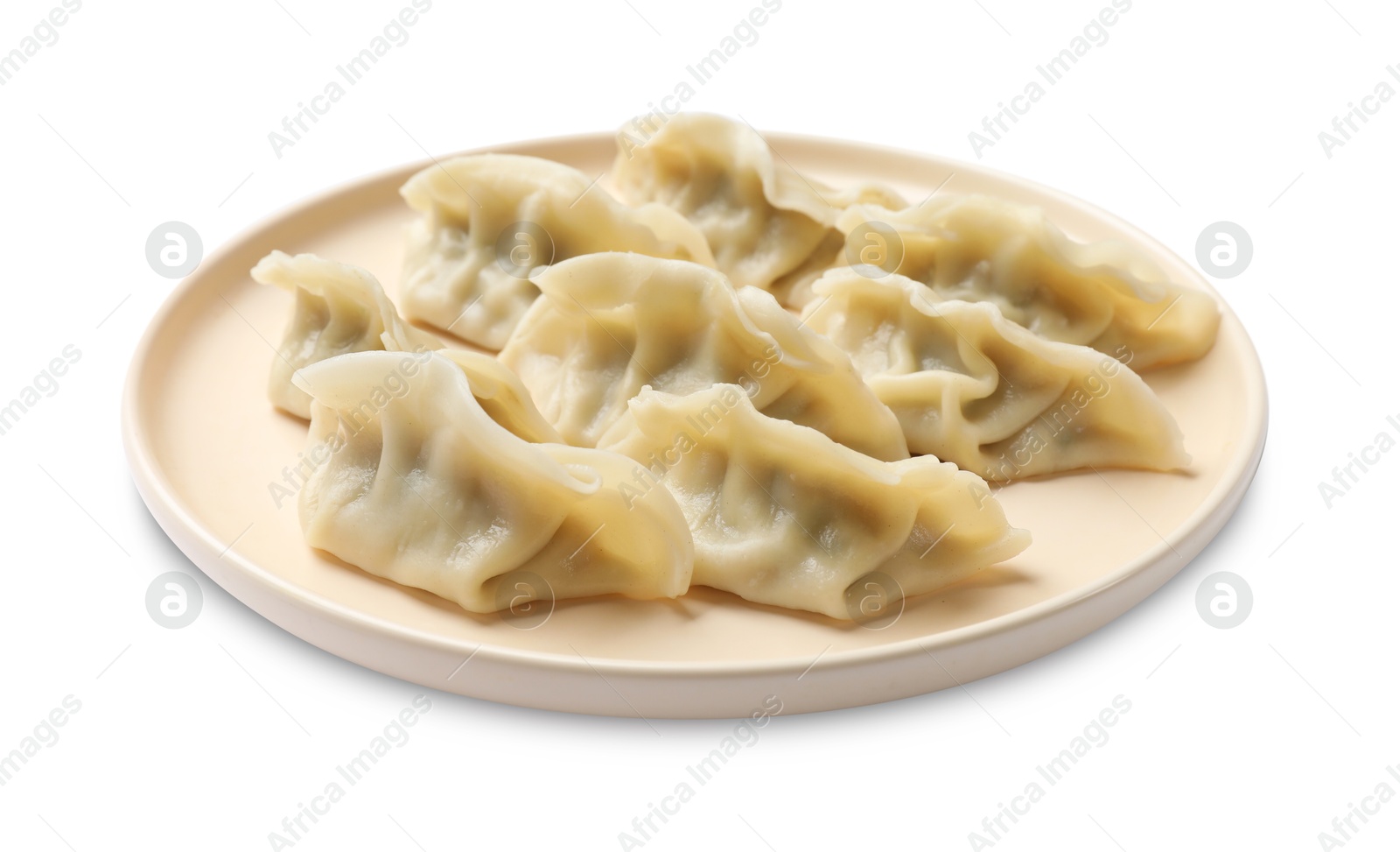 Photo of Fresh gyoza dumplings isolated on white. Chinese cuisine