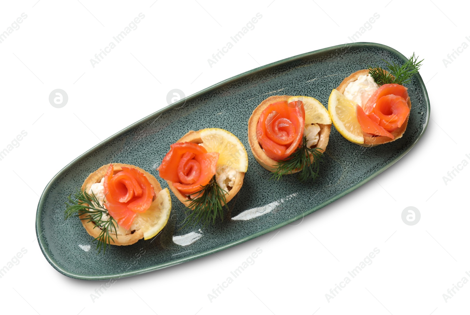 Photo of Tasty tartlets with delicious filling isolated on white, top view