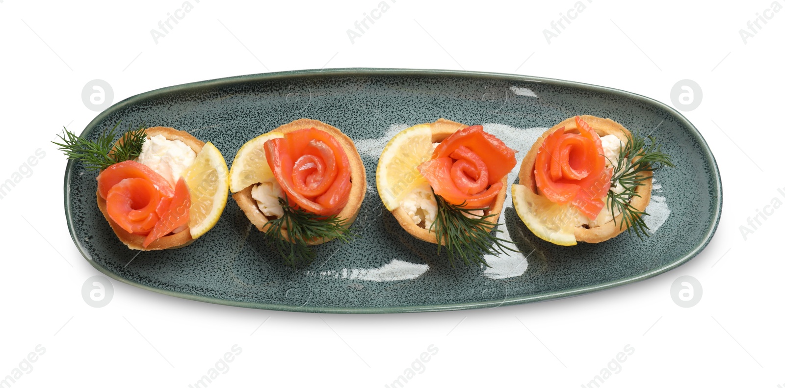 Photo of Tasty tartlets with delicious filling isolated on white, top view