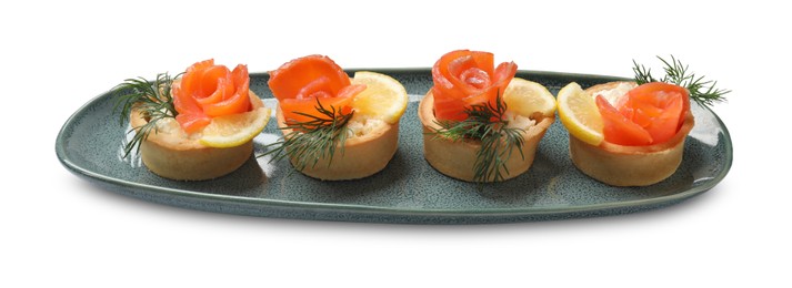 Photo of Tasty tartlets with delicious filling isolated on white