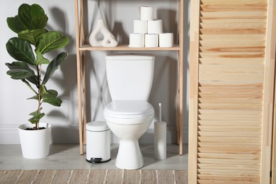 Photo of Folding screen, toilet bowl and houseplant in restroom