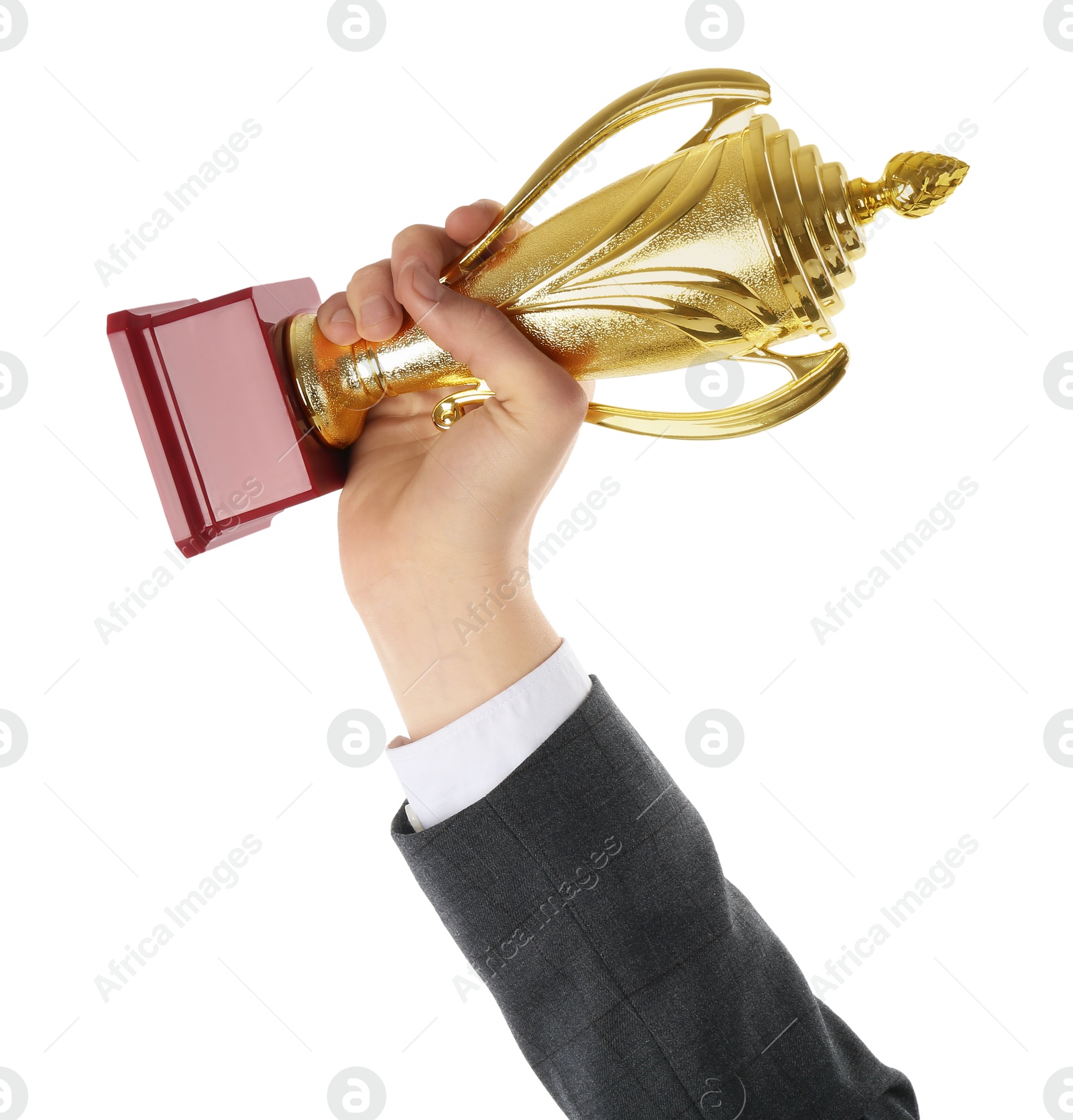 Photo of Man with golden trophy cup on white background, closeup